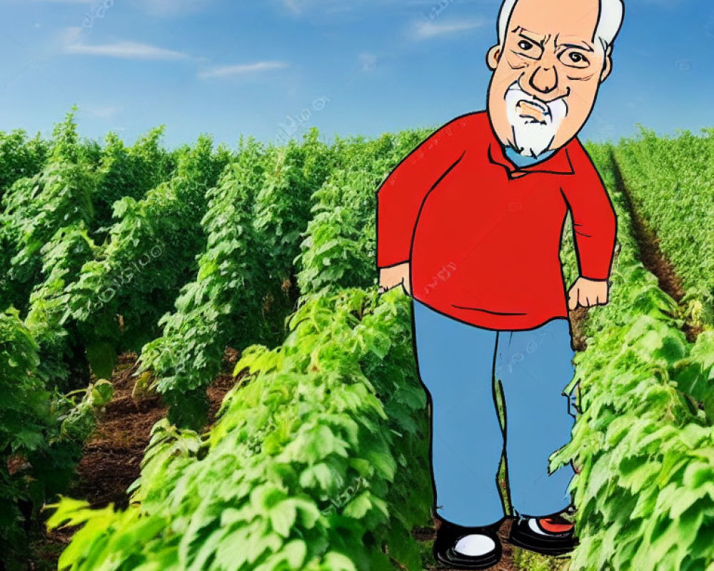 Grumpy man in lush green crop field under blue sky