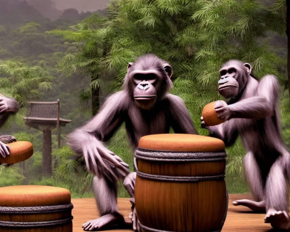 Chimpanzees playing drums in bamboo forest