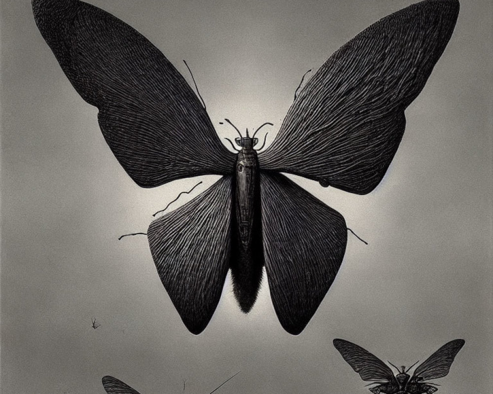 Detailed Black and White Moth Illustration with Smaller Moths