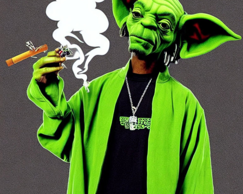 Green-robed character with Yoda-like head and cigar on gray background