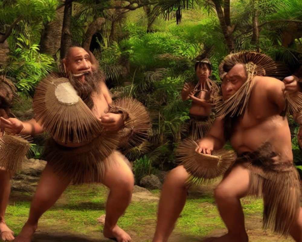 Two prehistoric men in grass skirts dancing in lush jungle