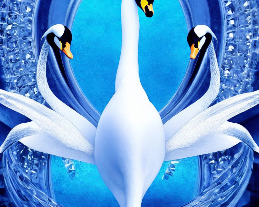 Symmetrical Swan Reflection with Penguin Faces on Vibrant Blue Background