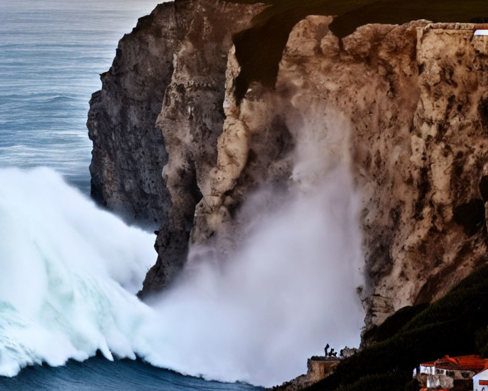 Person standing on towering cliff overlooking crashing waves and coastal buildings