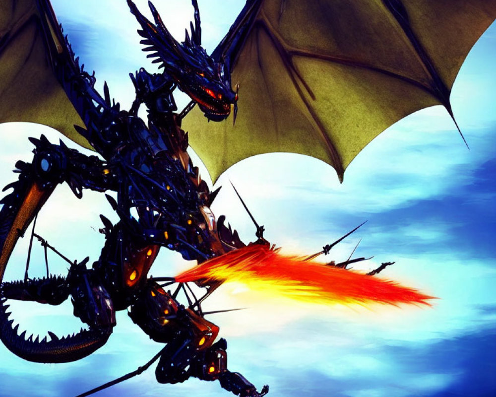 Mechanical Dragon Breathing Fire Against Dramatic Sky