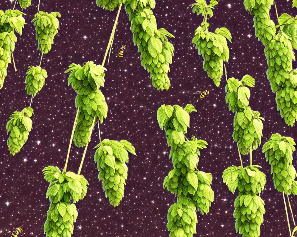 Green hop cones and bees on dark purple background - patterned image