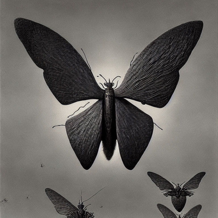 Detailed Black and White Moth Illustration with Smaller Moths