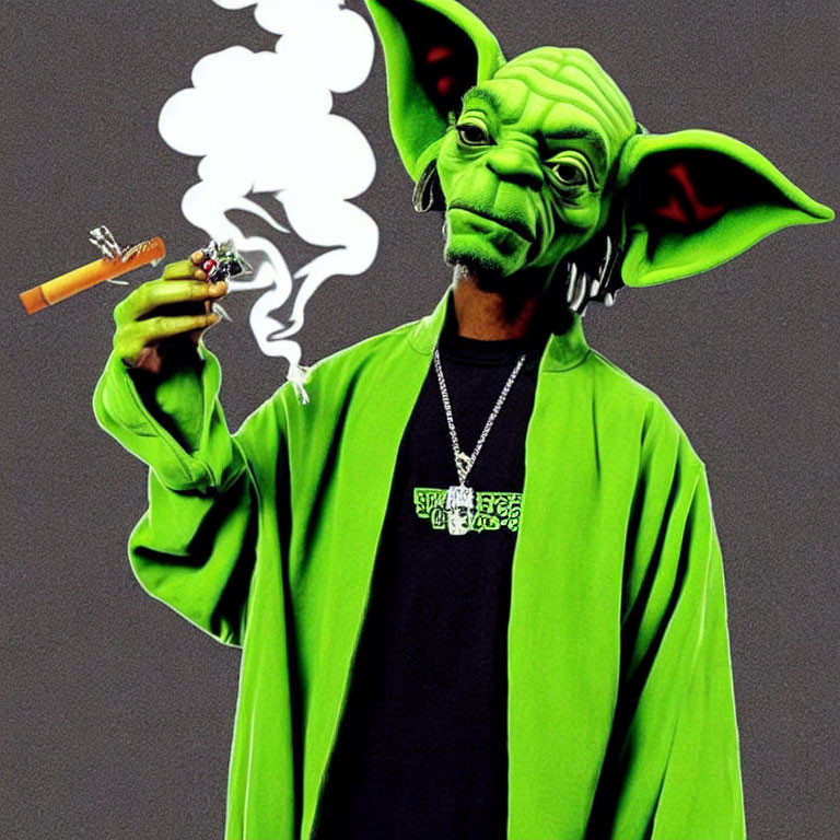 Green-robed character with Yoda-like head and cigar on gray background