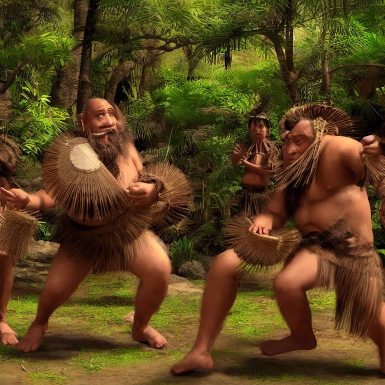 Two prehistoric men in grass skirts dancing in lush jungle