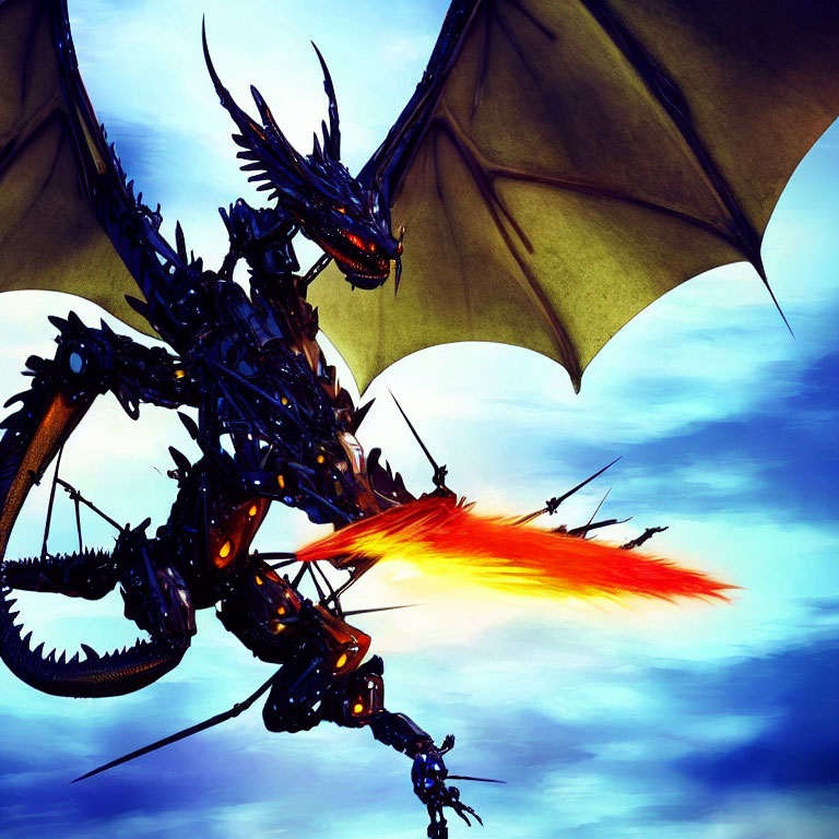 Mechanical Dragon Breathing Fire Against Dramatic Sky