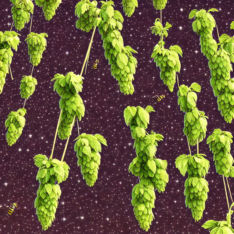 Green hop cones and bees on dark purple background - patterned image