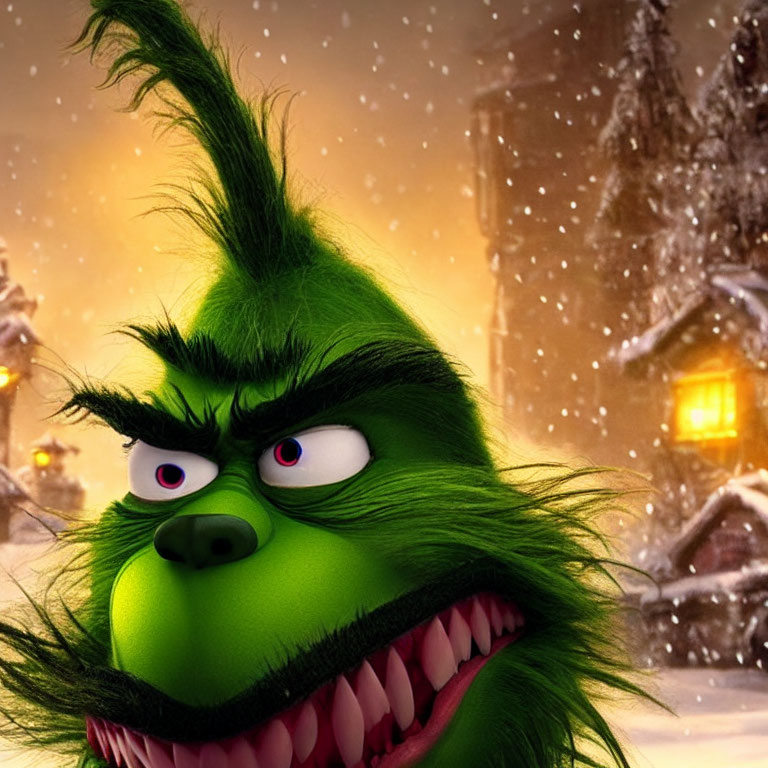 Detailed Close-Up of Smirking Green Grinch in Snowy Village