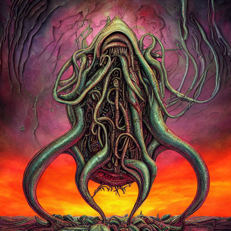 Surreal tentacled creature in fiery sky landscape