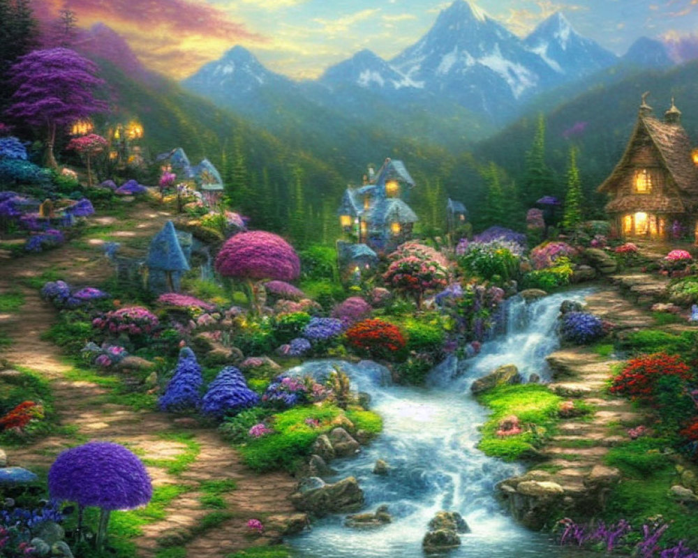 Picturesque fairy-tale landscape with thatched cottage, colorful flora, stream, and snow-capped