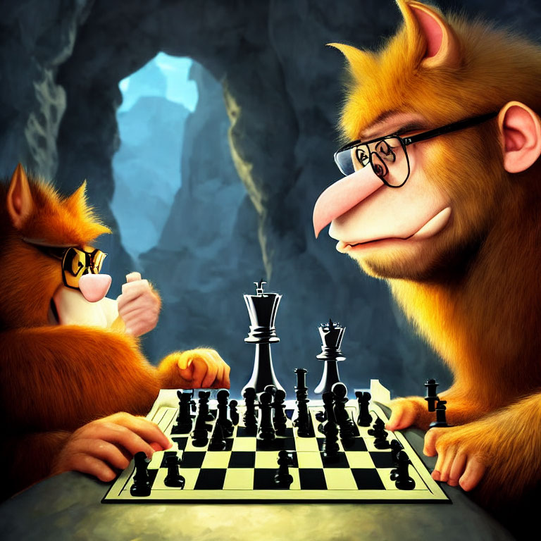 Anthropomorphic orangutans playing chess in a cave