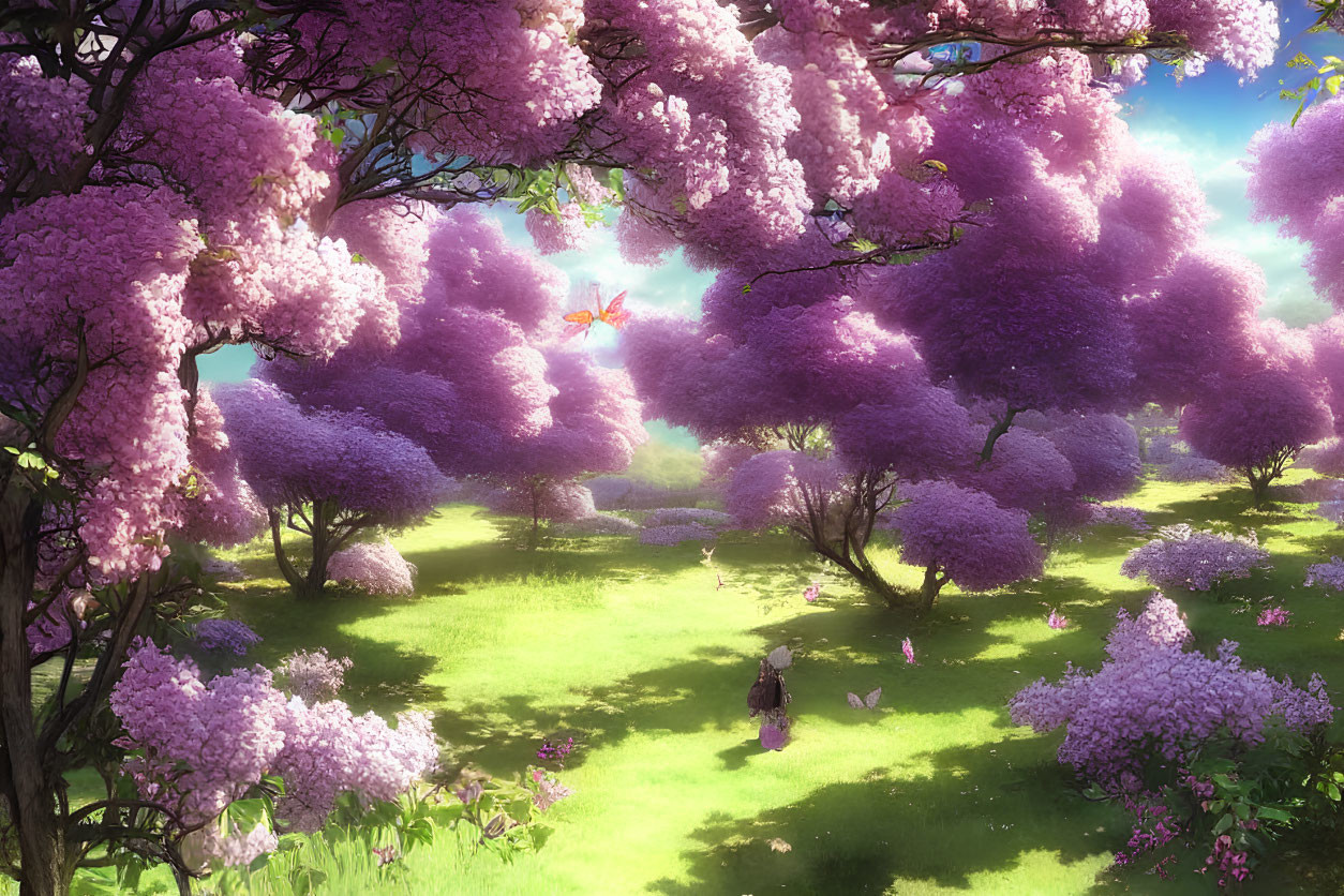 Vibrant purple flowering trees in lush garden with pink blossoms, person walking, and fluttering