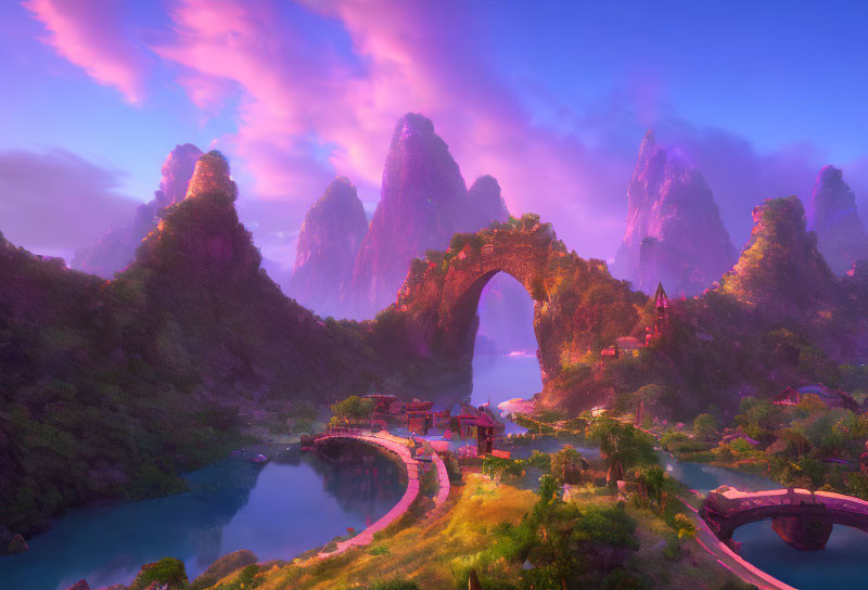 Tranquil fantasy landscape with stone arch, mountains, river, village