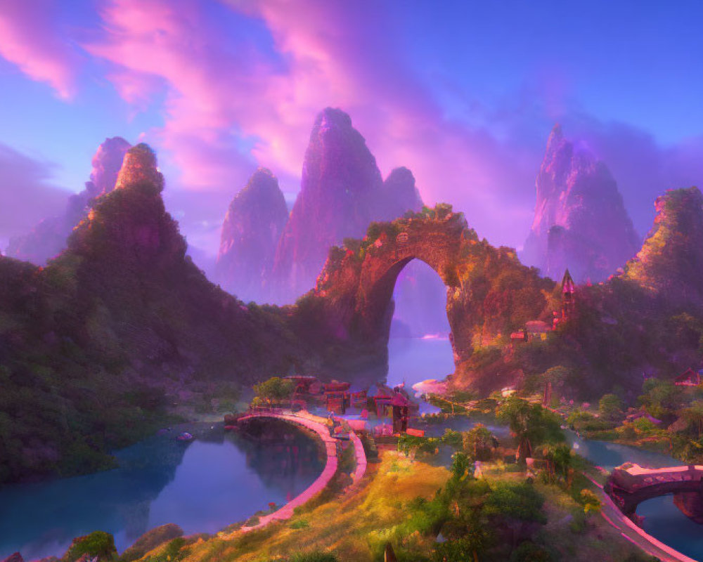 Tranquil fantasy landscape with stone arch, mountains, river, village