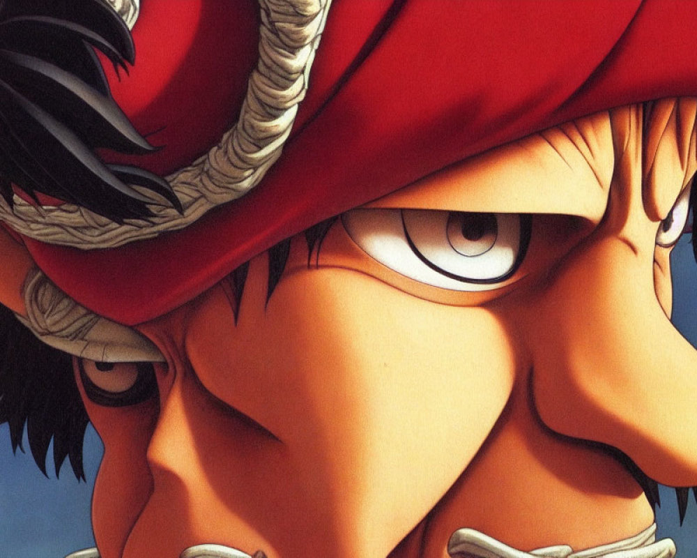 Detailed close-up of animated character with red bandana and intense gaze