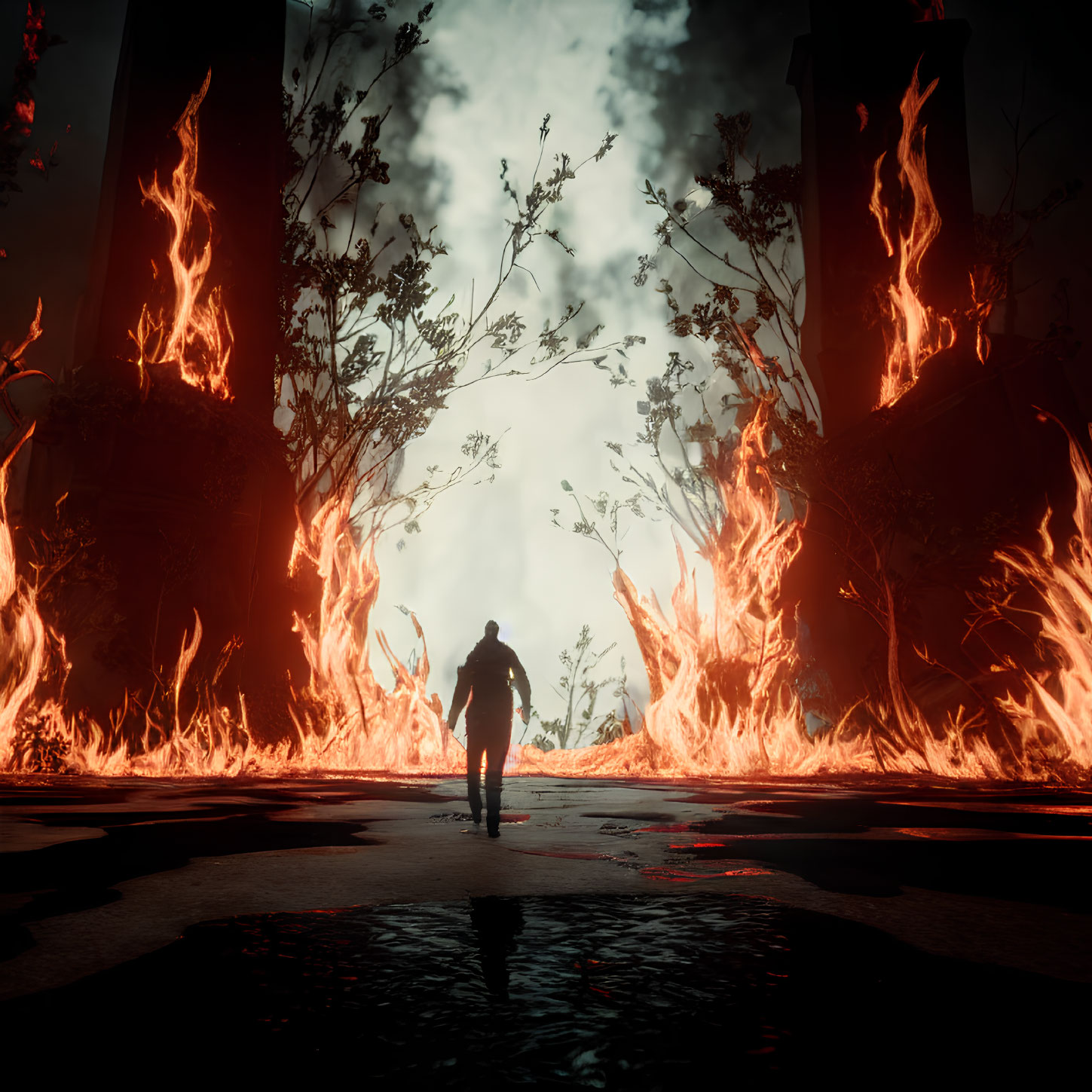 Silhouetted figure in front of fiery ruins and towering flames