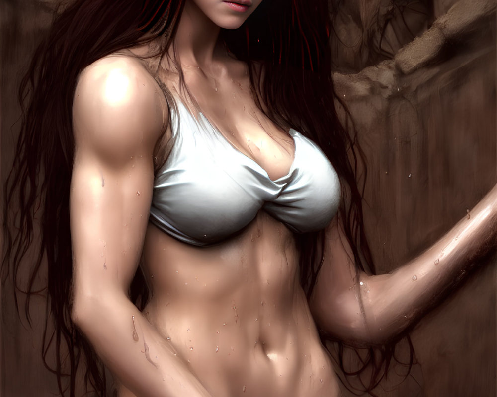 Digital illustration: Woman with long red hair in white bikini next to wooden structure