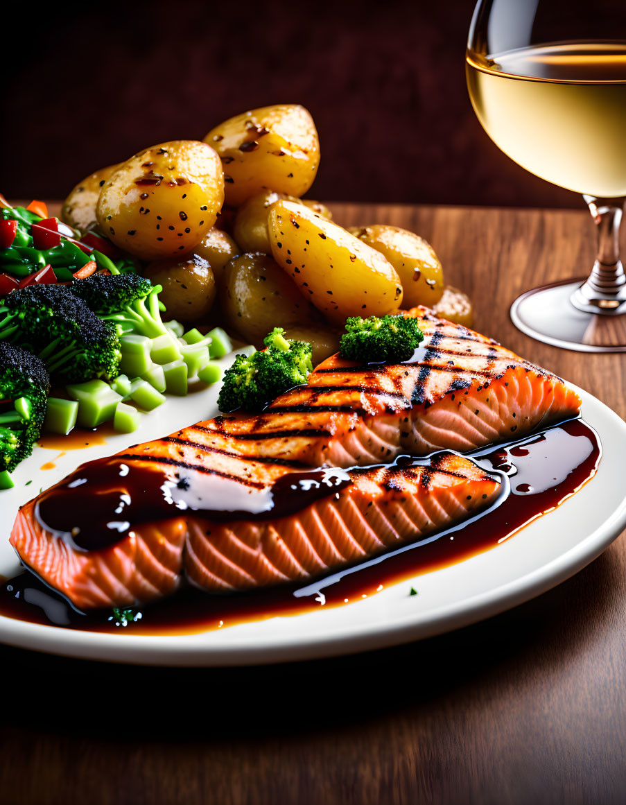 Grilled Salmon Fillets with Sauce, Steamed Vegetables, Potatoes, and White Wine