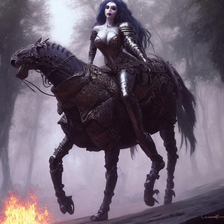 Gothic warrior woman in black and silver armor on flaming hooved mechanical steed in misty