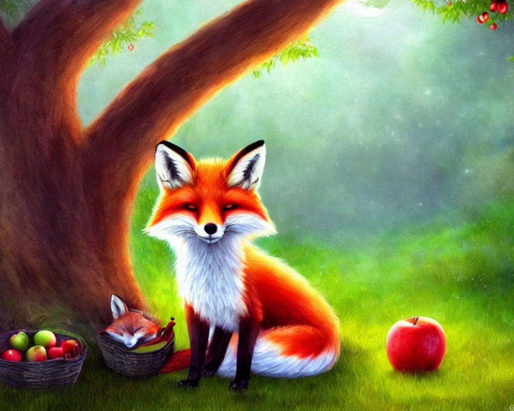 Illustration of red fox with sleeping fox and scattered apples in lush green setting