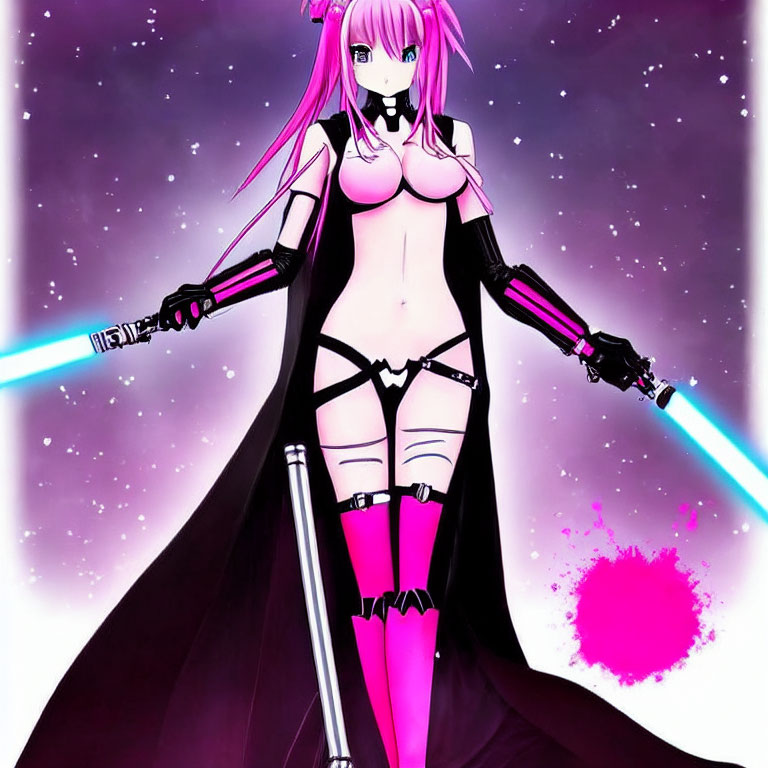 Pink-haired female character with dual lightsabers in black and pink outfit in space-themed setting