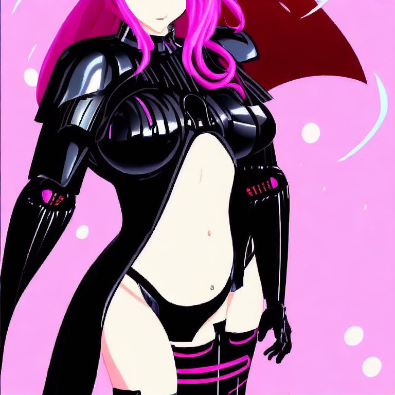 Stylized illustration of character with pink hair in futuristic armor