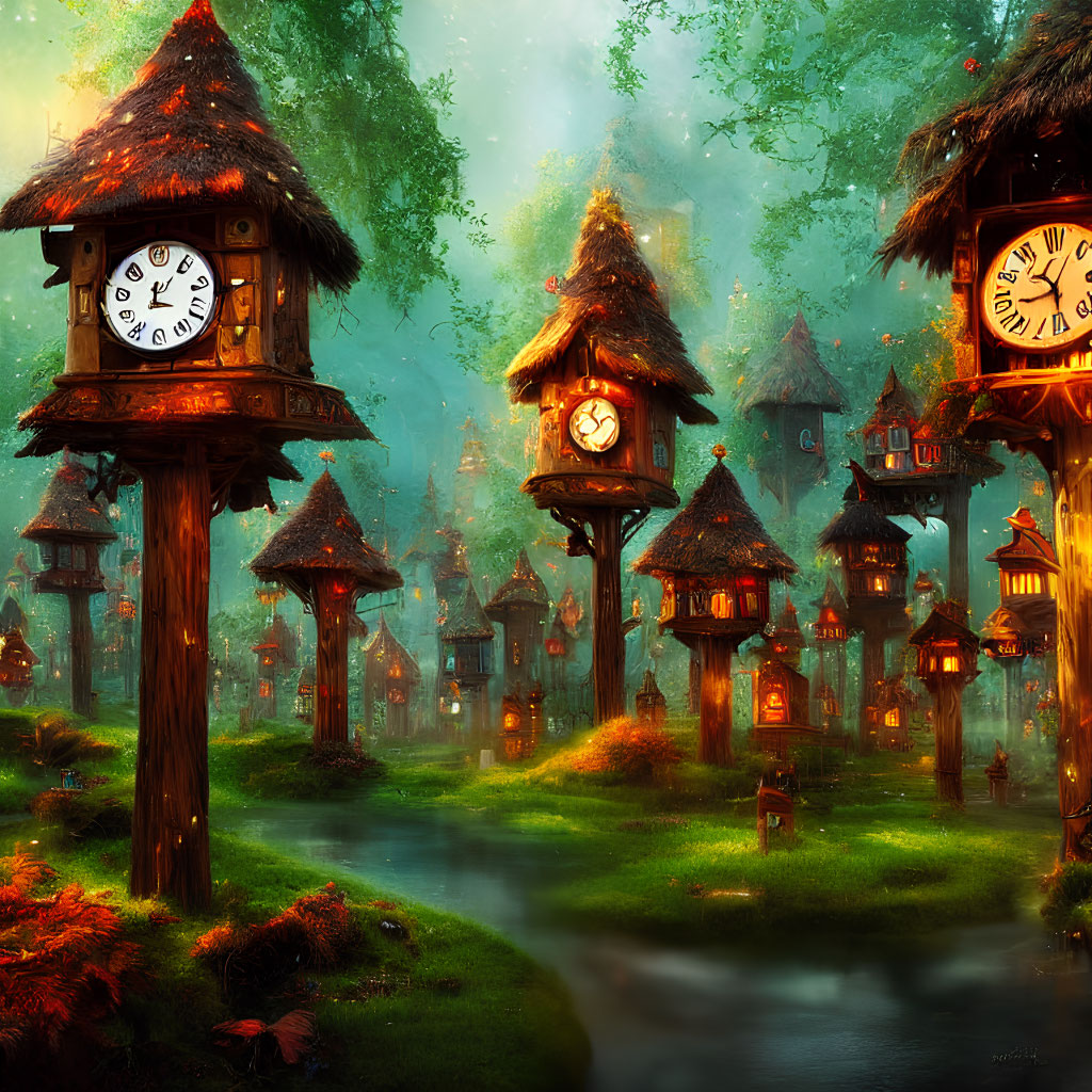 Enchanting forest with glowing clock-tower-like huts and serene stream