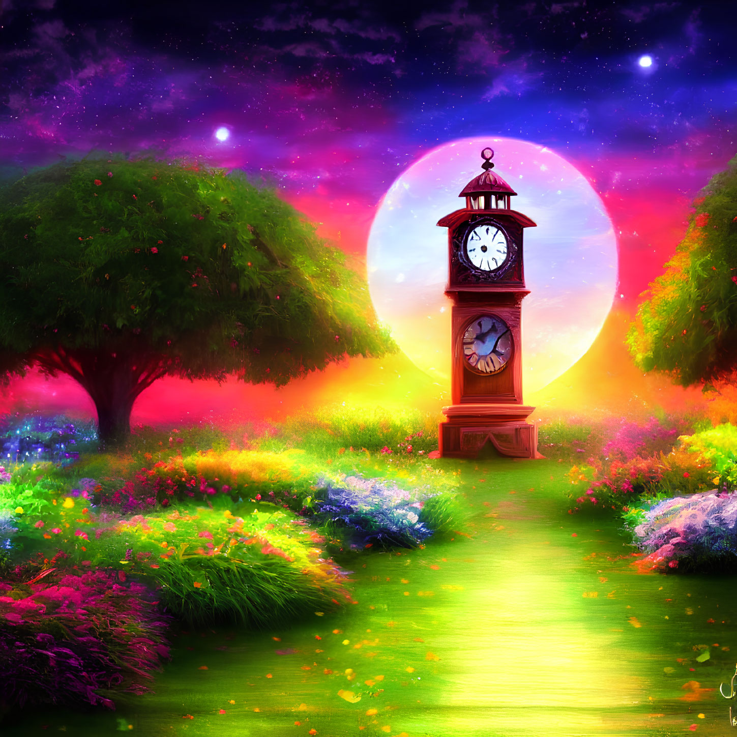 Colorful Fantasy Landscape with Clock Tower in Glowing Garden