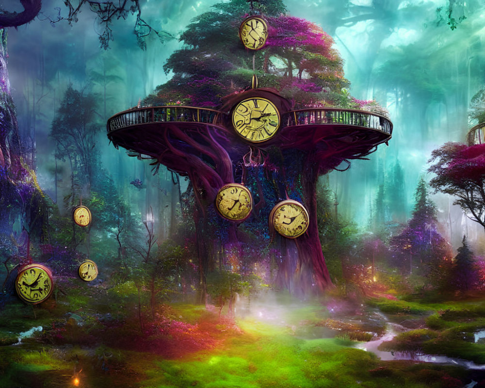 Enchanted forest with clock tower tree and floating clocks