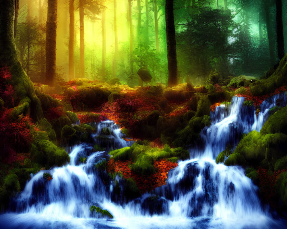 Scenic forest landscape with stream, mossy stones, sunbeams, and autumn leaves