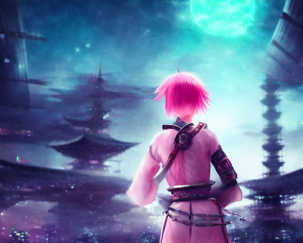 Pink-haired character in traditional armor under green moon and starry sky with pagoda silhouettes