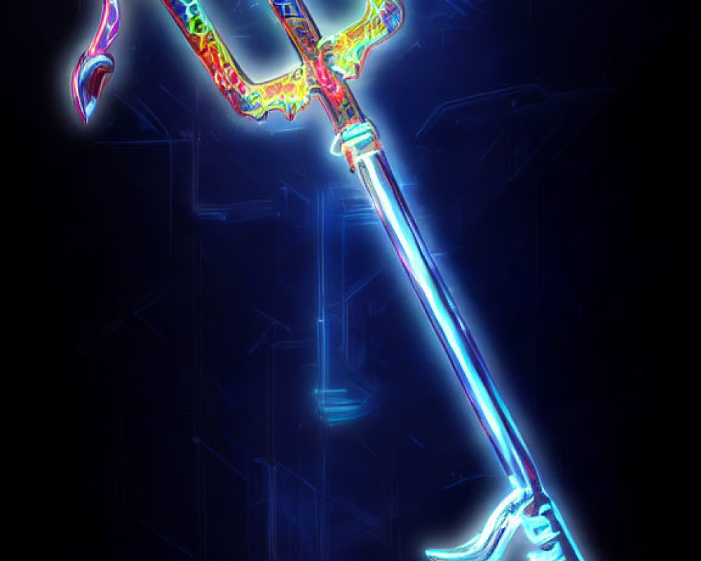 Detailed Neon Scythe Illustration on Dark Blue Background