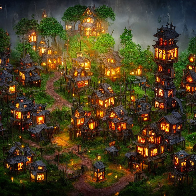 Enchanting nighttime view of illuminated storybook village