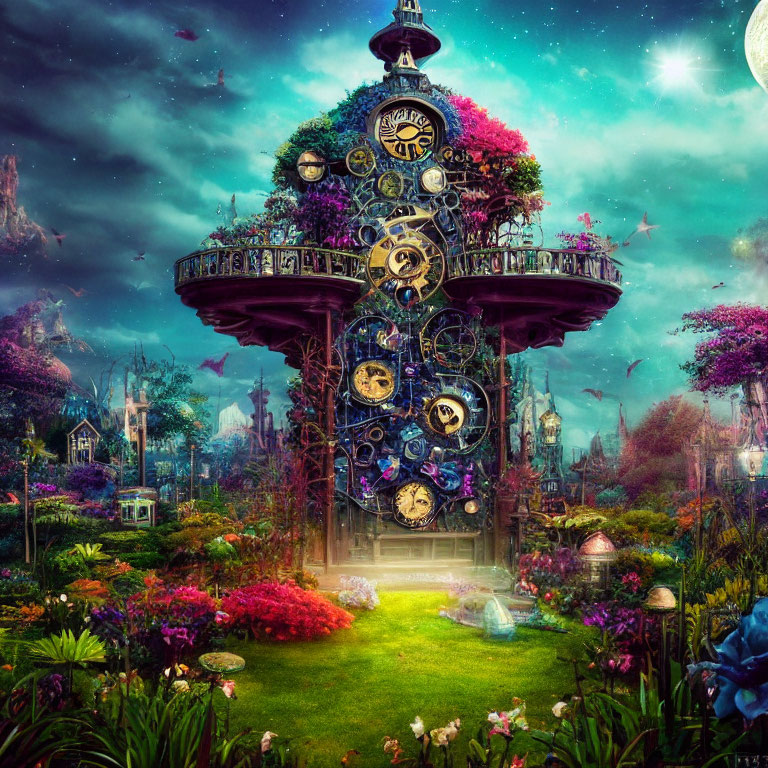 Fantastical Clock Tower Amid Vibrant Flora and Starry Sky