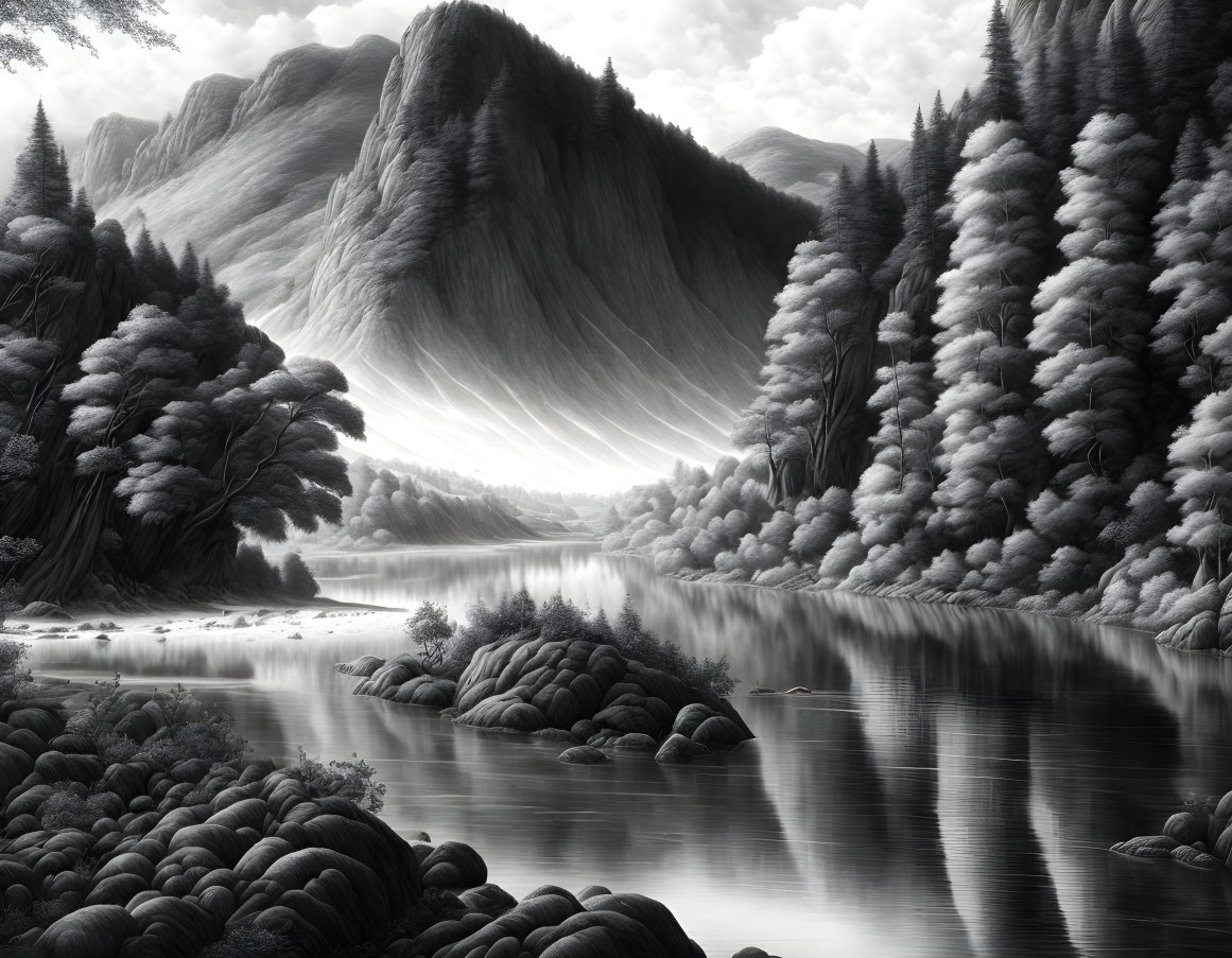 Tranquil monochrome landscape with river, pine forests, and mountains