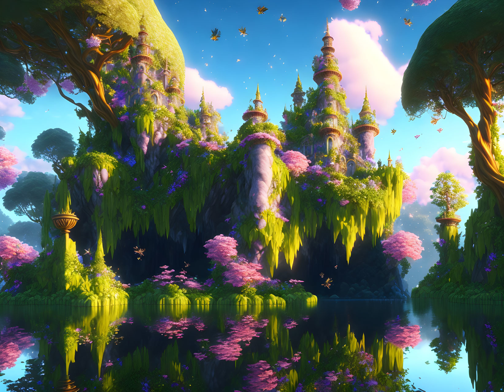 Fantastical landscape with floating islands, castles, pink trees, and reflective lake