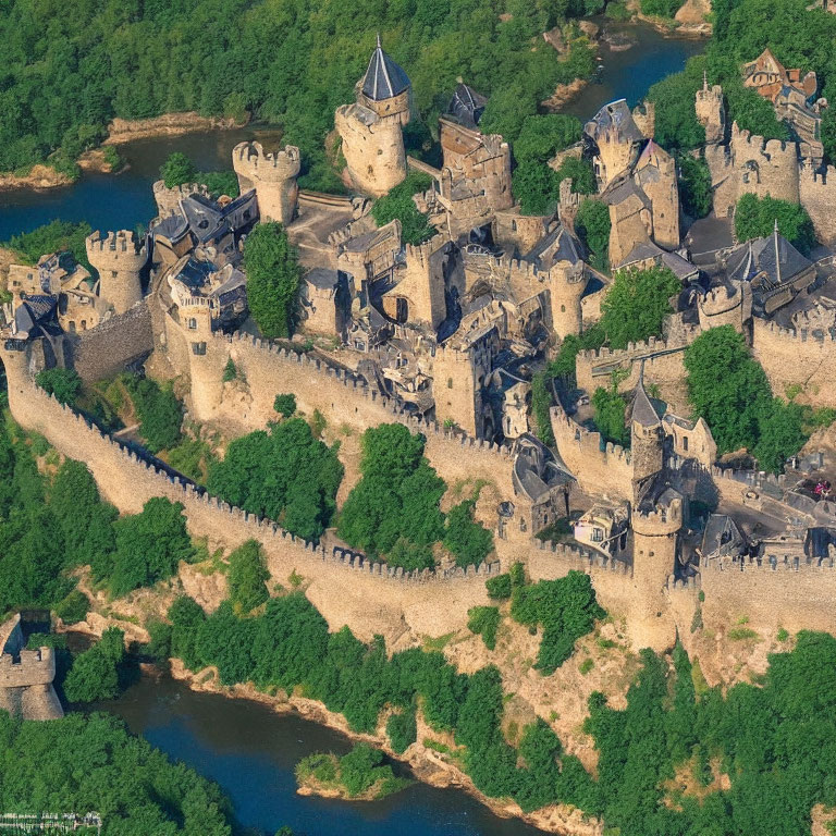 Medieval castle with stone walls and towers in lush green setting