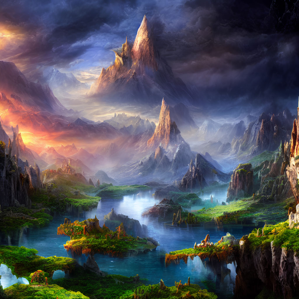 Fantasy landscape with mountains, river, greenery, and mystical lighting