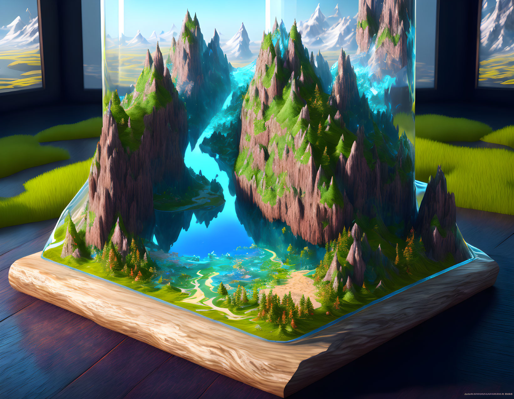 Miniature fantasy landscape with floating mountains, waterfalls, and lush forest in open book