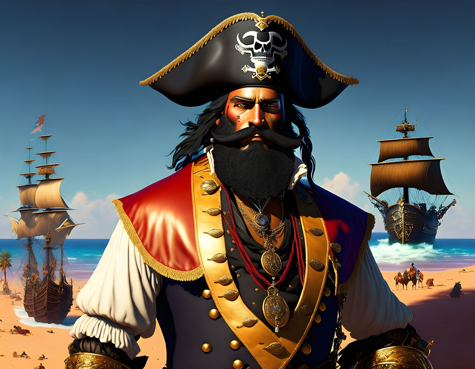 Pirate captain 3D illustration on sandy beach with ships and treasure chest