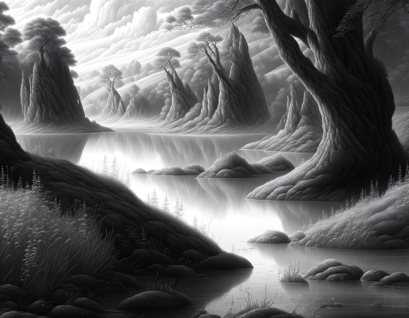 Serene monochromatic landscape with waterfalls, trees, river, and lush vegetation