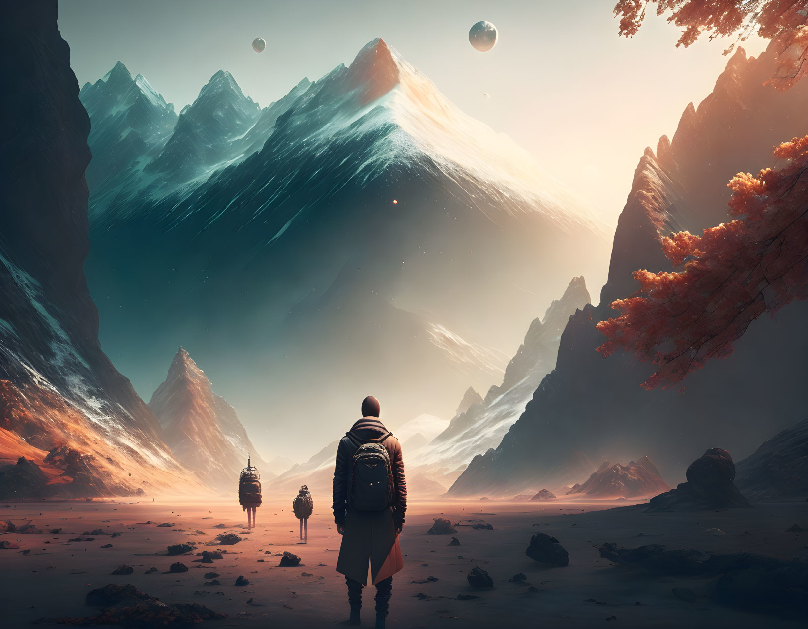 Traveler in backpack in surreal alien landscape