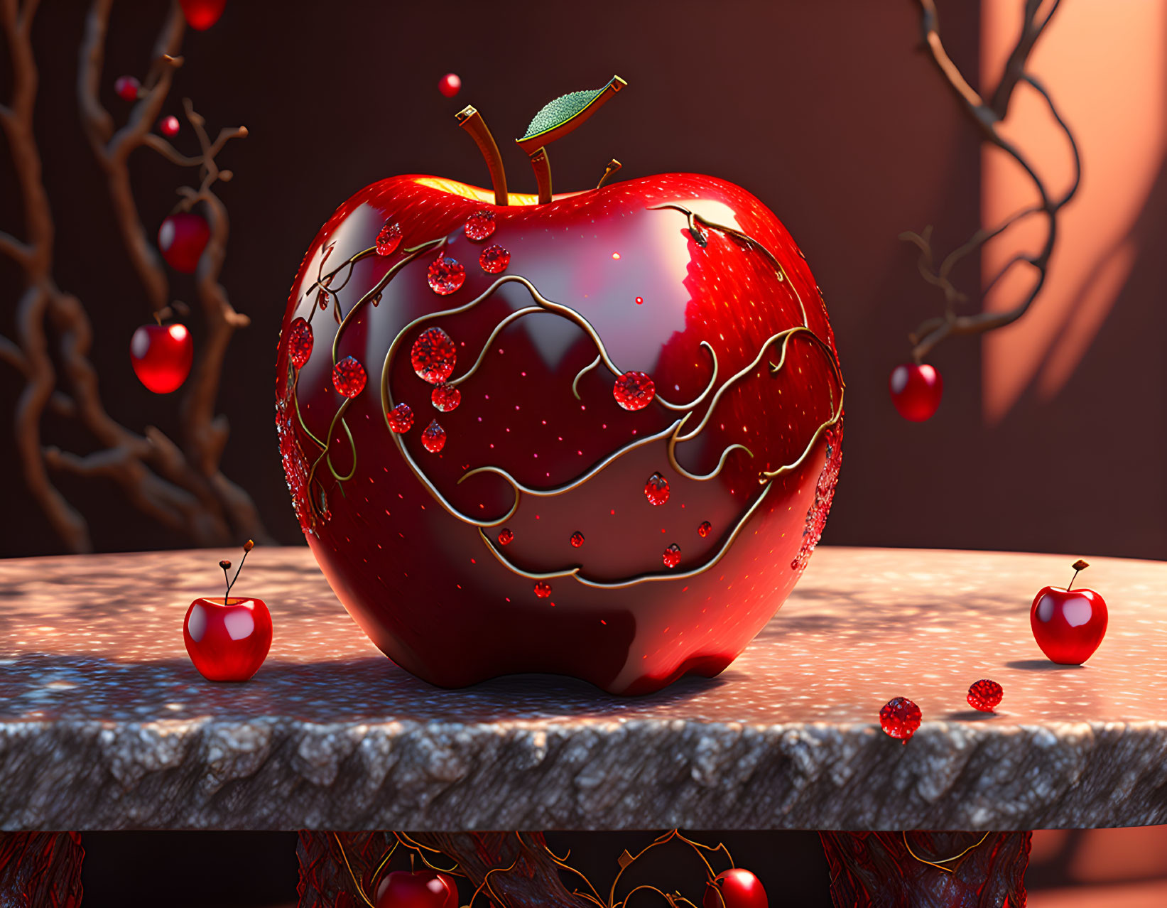 Hyper-realistic red apple with gold patterns on textured surface