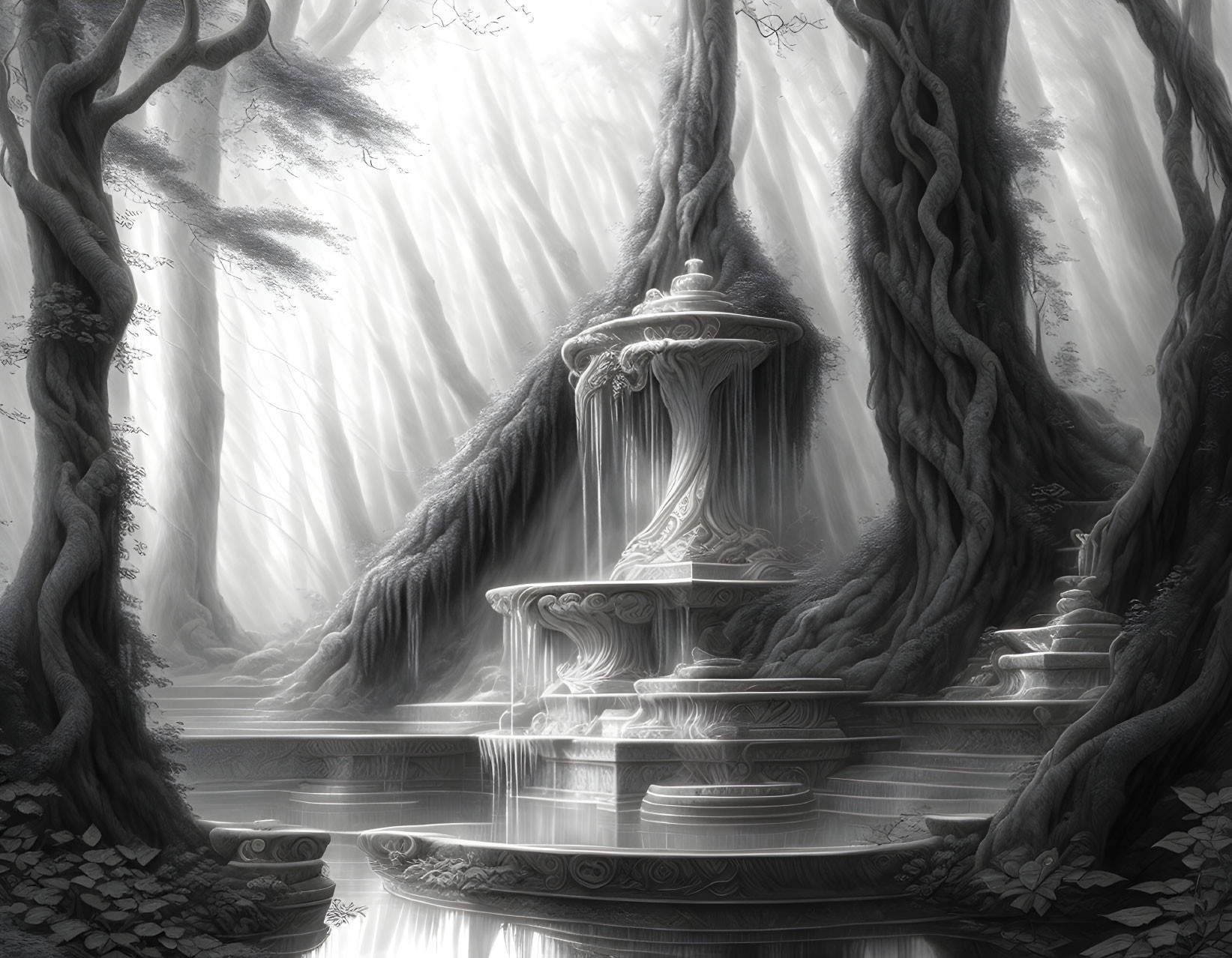 Ethereal monochrome forest with towering trees and mystical fountain