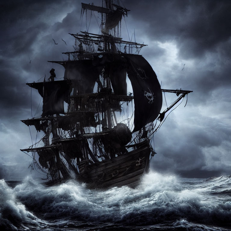 Ghostly pirate ship on stormy seas with tattered sails