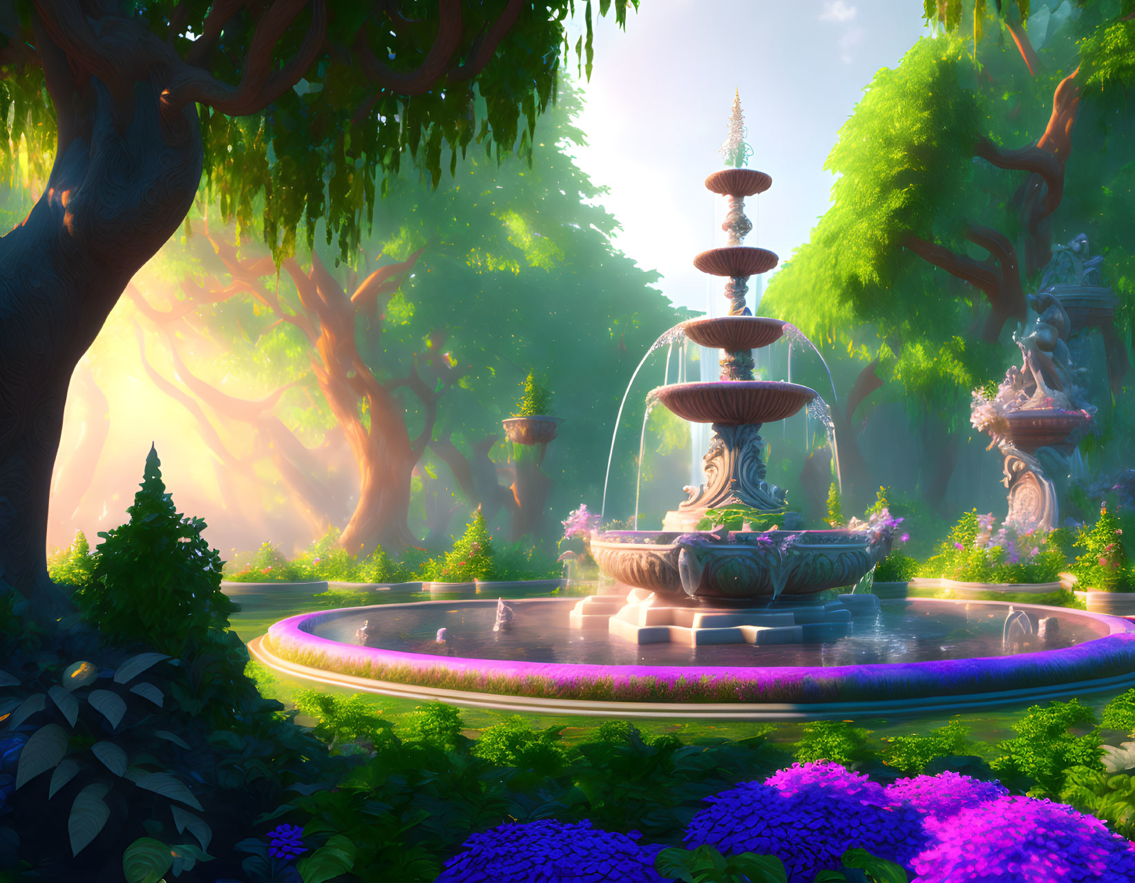 Lush garden with grand fountain, trees, and colorful flowers in soft sunlight