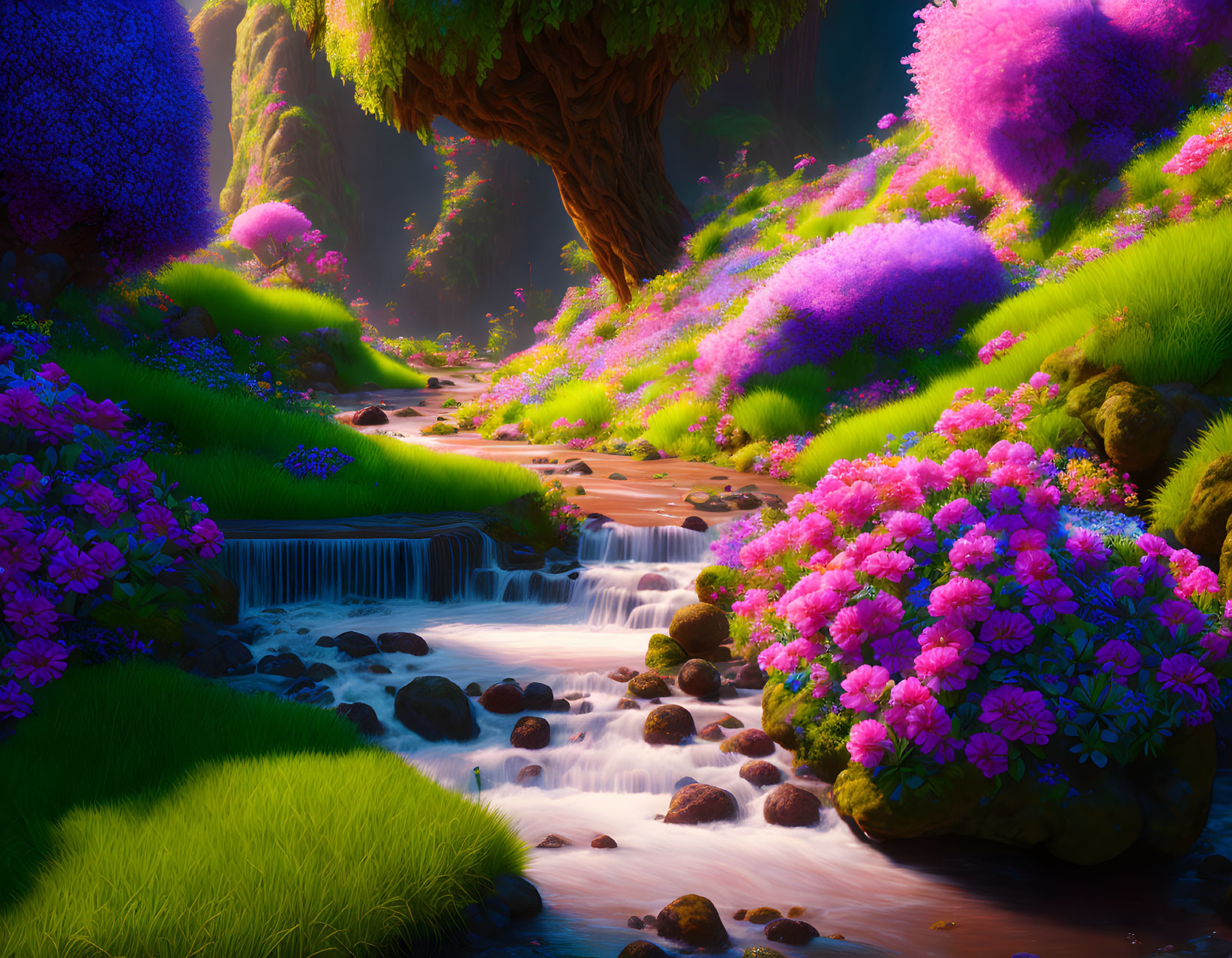 Colorful Fantasy Landscape with Cascading Stream and Lush Flora